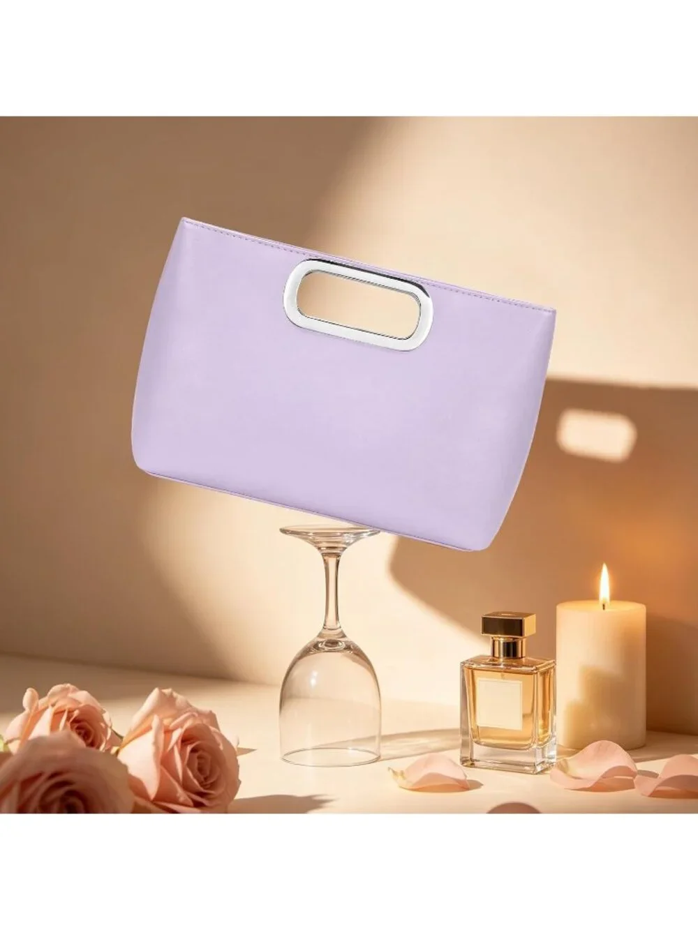 Women's Purple Clutch Handbag Modern Faux Leather with Metal Handle Evening Bag